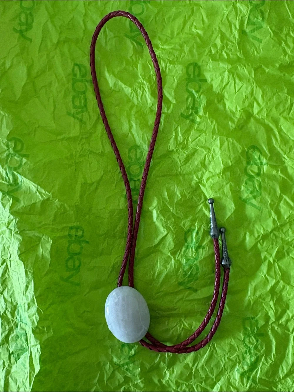 Stone Oval Pendant Necklace in White with Red Braided Cord Bolo Tie